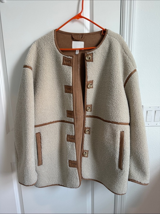 H&M Jackets & Blazers - Cream Sherpa Jacket with Brown Trim - Women's Cozy Coat